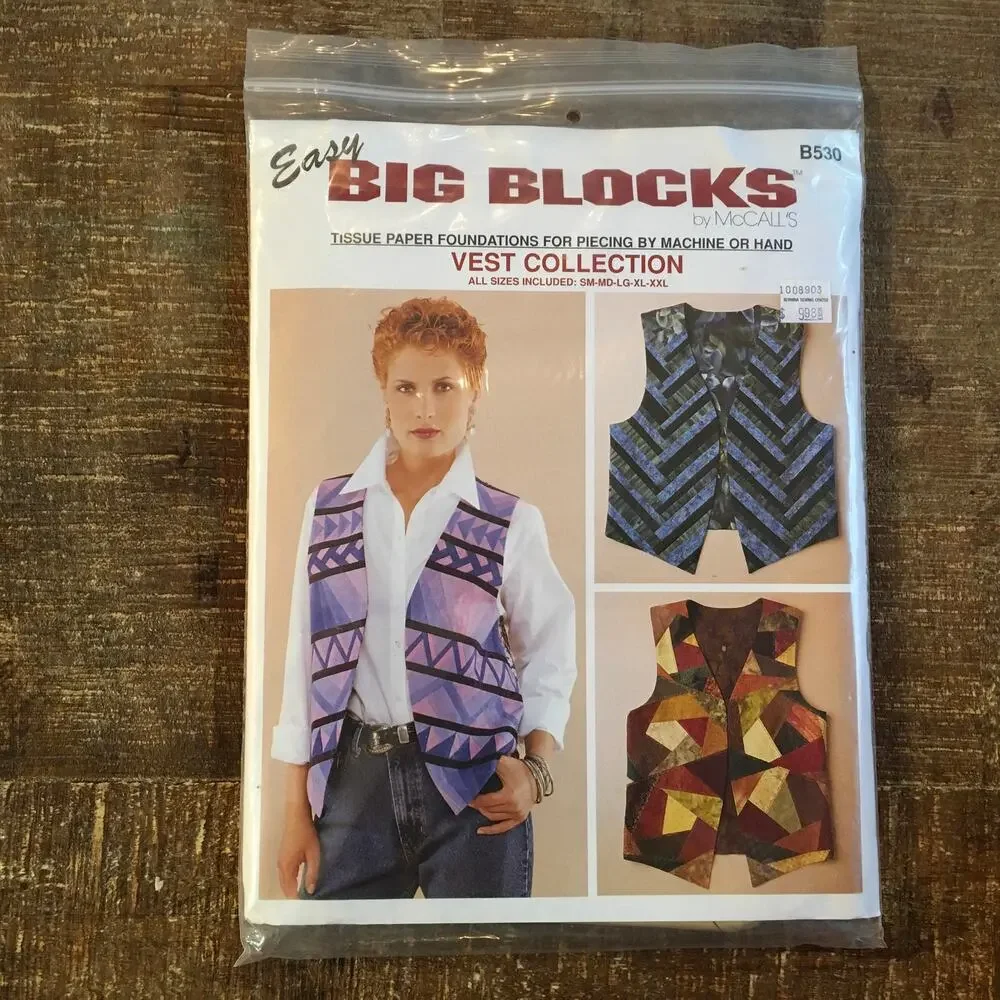 McCalls Easy Big Blocks Sewing Pattern B530 Vest Paper Foundation S-XXL Uncut